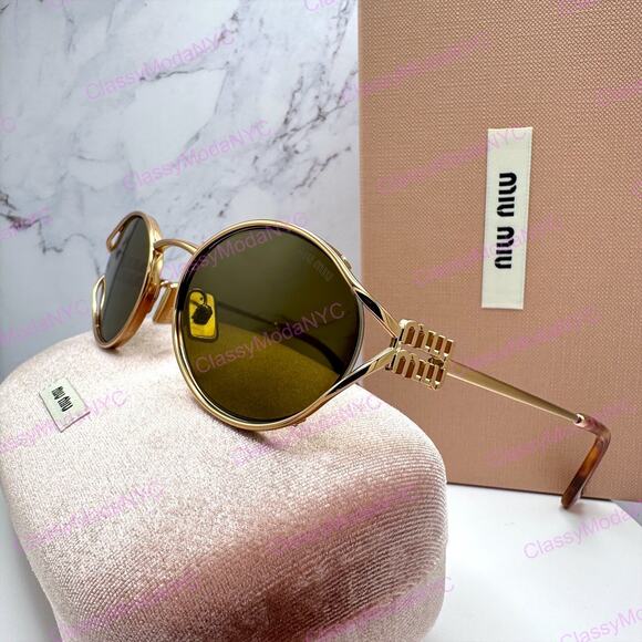 New MIU MIU Sunglasses Gold Oval Skinny Metal Frame Italy 100% Authentic main image 4
